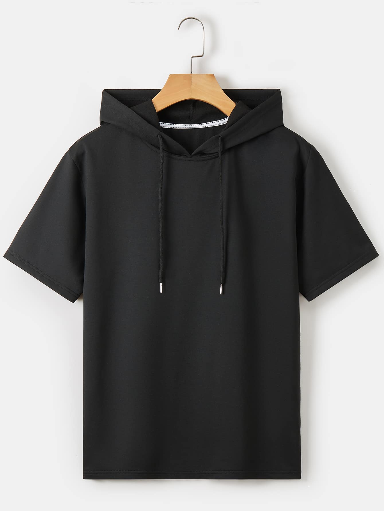 Men Solid Drawstring Hooded Tee - Black - View 1