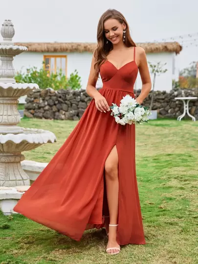 Criss Cross Back Split Thigh Cami Bridesmaid Dress