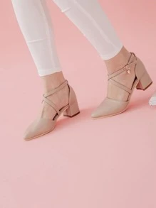 Point Toe Chunky Heeled Ankle Strap Pumps - Khaki - View 1