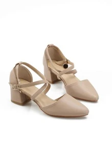 Point Toe Chunky Heeled Ankle Strap Pumps - Khaki - View 4