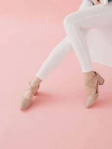 Point Toe Chunky Heeled Ankle Strap Pumps - Khaki - View 6