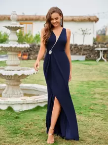 SHEIN Belle Rhinestone Mesh Insert Mermaid Dress Elegant Formal Evening Prom Wedding Guest Gown, For Graduation, Dinner For Holiday Party Clothes - Navy Blue - View 1