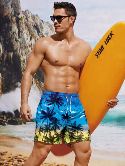 شورت سباحة ترانك طباعة شجرة جوز الهند رباط خصر للرجال