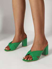 Twist Detail Chunky Heeled Mule Sandals - Green - View 2