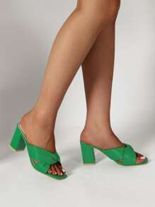 Twist Detail Chunky Heeled Mule Sandals - Green - View 7