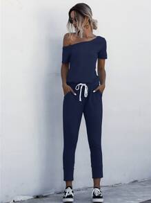 SHEIN LUNE Asymmetrical Neck Drawstring Waist Jumpsuit - Navy Blue - View 1