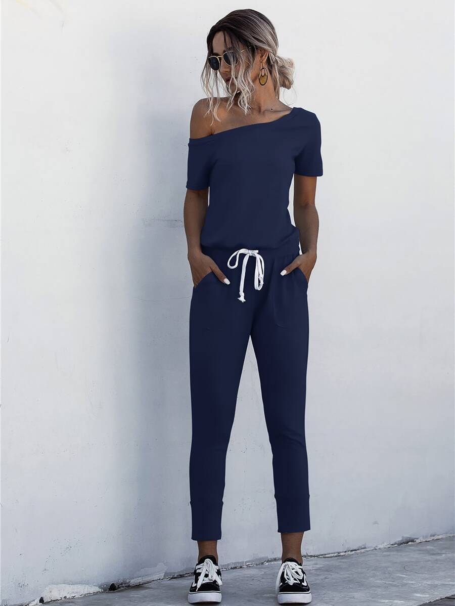 SHEIN LUNE Asymmetrical Neck Drawstring Waist Jumpsuit - Navy Blue - View 1