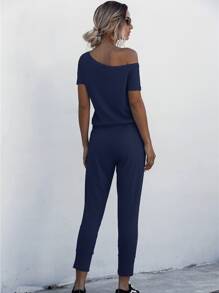 SHEIN LUNE Asymmetrical Neck Drawstring Waist Jumpsuit - Navy Blue - View 2