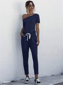 SHEIN LUNE Asymmetrical Neck Drawstring Waist Jumpsuit - Navy Blue - View 3