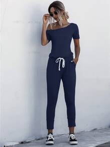 SHEIN LUNE Asymmetrical Neck Drawstring Waist Jumpsuit - Navy Blue - View 6