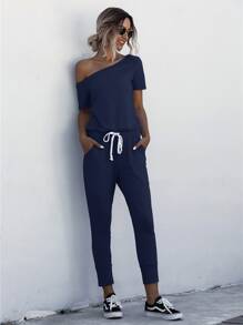 SHEIN LUNE Asymmetrical Neck Drawstring Waist Jumpsuit - Navy Blue - View 7