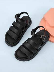 Buckle Detail Wedge Sandals - Black - View 1