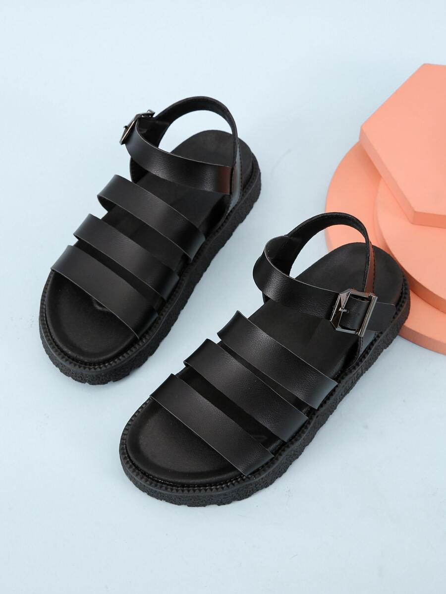 Buckle Detail Wedge Sandals - Black - View 1