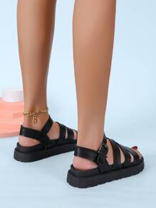 Buckle Detail Wedge Sandals - Black - View 3