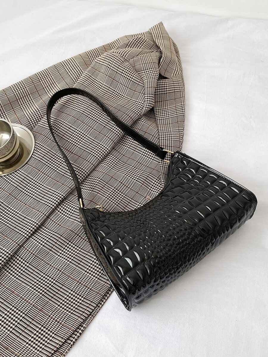 Crocodile Embossed Zipper Bag - Black - View 1