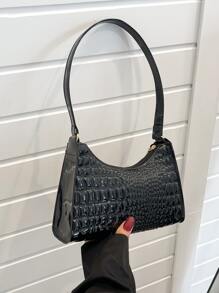 Crocodile Embossed Zipper Bag - Black - View 2