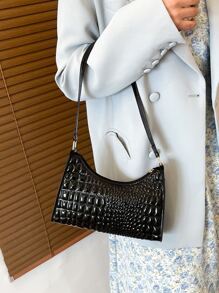 Crocodile Embossed Zipper Bag - Black - View 8