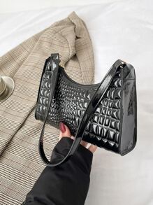 Crocodile Embossed Zipper Bag - Black - View 3