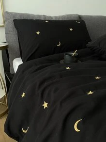 Star Embroidered Duvet Cover Set Without Filler - Black - View 1