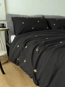 Star Embroidered Duvet Cover Set Without Filler - Black - View 4