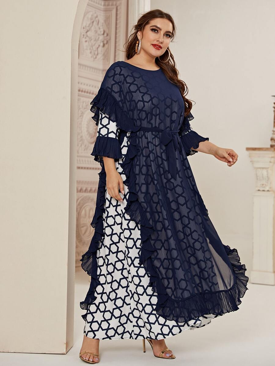 Plus Allover Geo Print Ruffle Trim Belted Dress - Blue and White - View 1