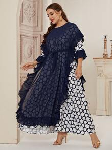 Plus Allover Geo Print Ruffle Trim Belted Dress - Blue and White - View 5