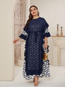 Plus Allover Geo Print Ruffle Trim Belted Dress - Blue and White - View 6