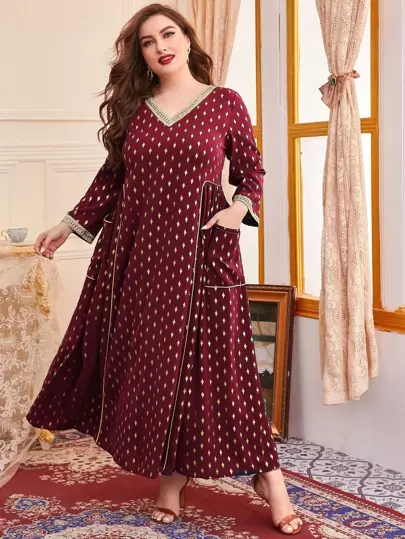 Al Najma Burgundy Red Plus Allover Geo Print Dual Pocket Contrast Piping Dress
