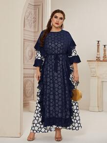 Plus Allover Geo Print Ruffle Trim Belted Dress - Blue and White - View 7