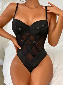 Buckle Detail Mesh Underwire Teddy Bodysuit - Black - View 3