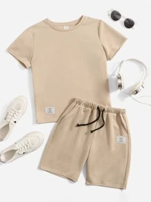 SHEIN Leap Crew Tween Boy Patched Detail Top & Track Shorts Set - Apricot - View 1
