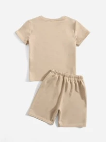 SHEIN Leap Crew Tween Boy Patched Detail Top & Track Shorts Set - Apricot - View 2