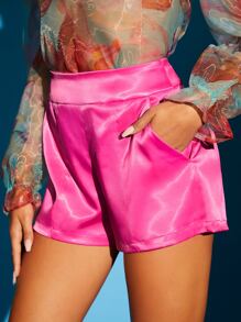 SHEIN BAE Quần đùi nữ Dây kéo màu trơn Giải trí - Hồng - Xem 4