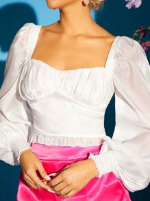 SHEIN Blusa escote corazón pecho con fruncido bajo fruncido - Blanco - Ver 1