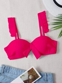 Ruffle Trim Knot Front Underwire Bikini Top - Hot Pink - View 1