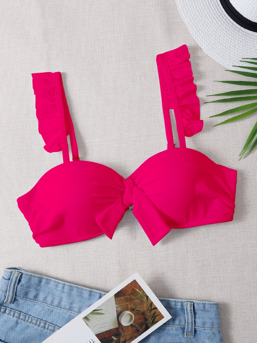 Ruffle Trim Knot Front Underwire Bikini Top - Hot Pink - View 1