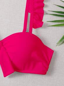 Ruffle Trim Knot Front Underwire Bikini Top - Hot Pink - View 3