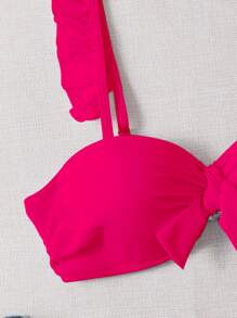 Ruffle Trim Knot Front Underwire Bikini Top - Hot Pink - View 4