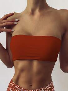 Solid Bandeau Bikini Top, For Summer Beach Vacation - Rust Brown - View 1