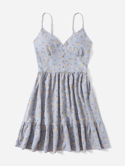 Ditsy Floral Button Shirred Ruffle Hem Cami Dress