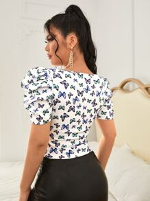 SHEIN Privé Top con estampado de mariposa de manga farol - Multicolor - Ver 3