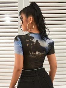 SHEIN ICON Angel Print Mesh Crop Top - Multicolor - View 3