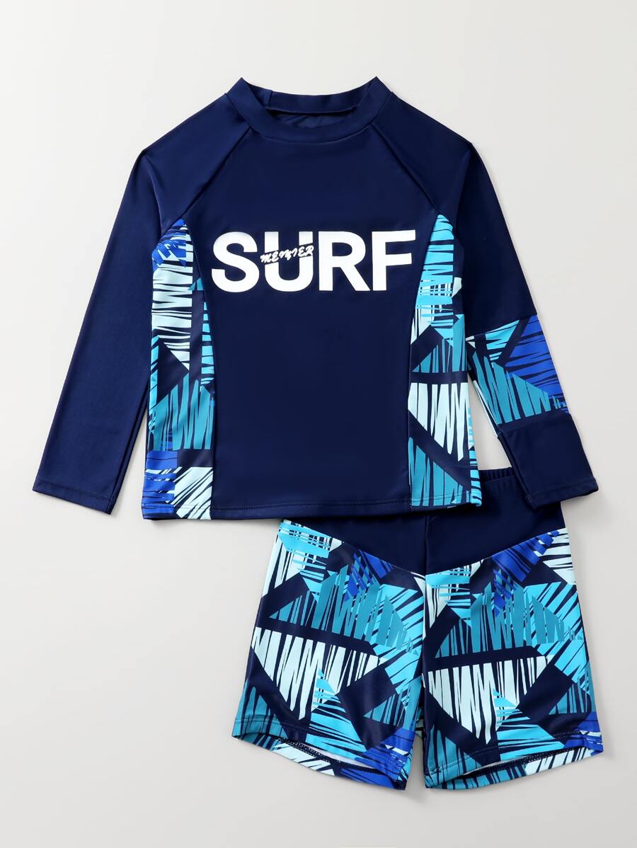 Boys Letter & Geo Print Raglan Sleeve Swimsuit - Multicolor - View 1