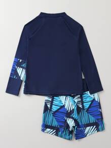 Boys Letter & Geo Print Raglan Sleeve Swimsuit - Multicolor - View 2