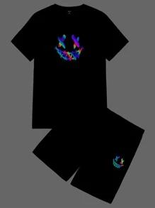 Manfinity RebelGame Men Reflective Graphic Tee & Track Shorts Set - Black - View 1