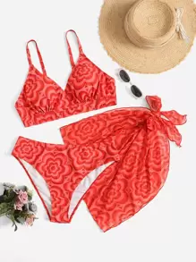 Plus Size 3packs Floral Print Tie Side Bikini Set Summer Beach - Red - View 1