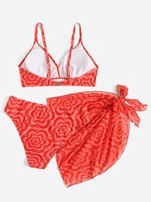 Plus Size 3packs Floral Print Tie Side Bikini Set Summer Beach - Red - View 2