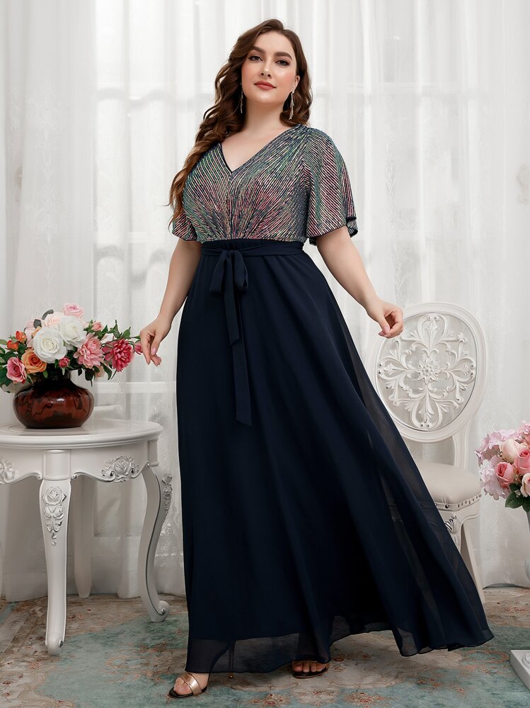 SHEIN Belle Plus Butterfly Sleeve V-Back Belted Dress