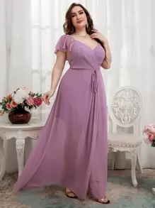 SHEIN Belle Vestido de dama de honor unicolor con abertura fruncido ribete con fruncido con cinturón - Morado - Ver 1