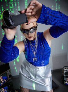 SHEIN Unity Plus Hollow Out Mock Neck Top With Arm Sleeves - Royal Blue - View 2